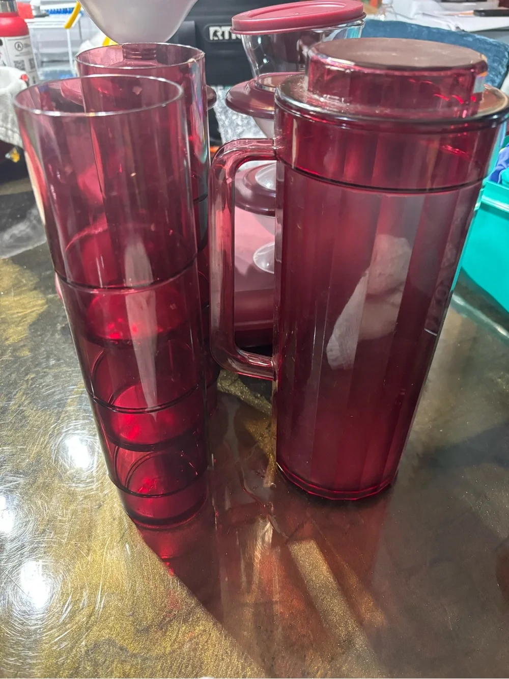 tupperware vintage cranberry colored set
